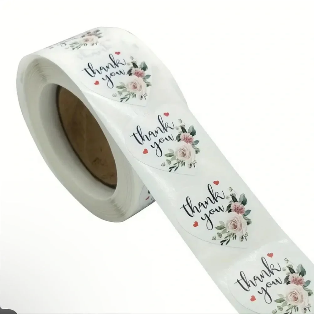 500 Heart Shaped Thank You Stickers Pink Flowers Floral Rose Roll